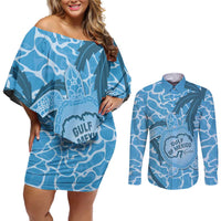 Gulf of Mexico Forever Couples Matching Off Shoulder Short Dress and Long Sleeve Button Shirt Mexican Turtle Blue Version