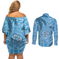 Gulf of Mexico Forever Couples Matching Off Shoulder Short Dress and Long Sleeve Button Shirt Mexican Turtle Blue Version