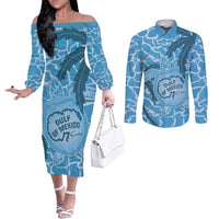 Gulf of Mexico Forever Couples Matching Off The Shoulder Long Sleeve Dress and Long Sleeve Button Shirt Mexican Turtle Blue Version