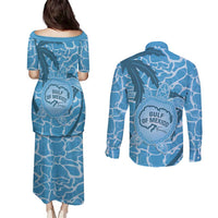 Gulf of Mexico Forever Couples Matching Puletasi and Long Sleeve Button Shirt Mexican Turtle Blue Version