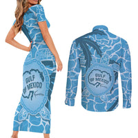 Gulf of Mexico Forever Couples Matching Short Sleeve Bodycon Dress and Long Sleeve Button Shirt Mexican Turtle Blue Version