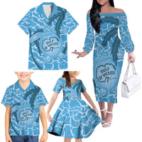 Gulf of Mexico Forever Family Matching Off The Shoulder Long Sleeve Dress and Hawaiian Shirt Mexican Turtle Blue Version