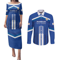 Custom Cyprus Football Couples Matching Puletasi and Long Sleeve Button Shirt Go Champions
