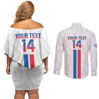 Custom Faroe Islands Football Couples Matching Off Shoulder Short Dress and Long Sleeve Button Shirt Come On National Team