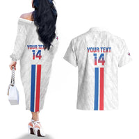 Custom Faroe Islands Football Couples Matching Off The Shoulder Long Sleeve Dress and Hawaiian Shirt Come On National Team