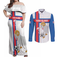 Custom Faroe Islands Football Couples Matching Off Shoulder Maxi Dress and Long Sleeve Button Shirt Coat Of Arms Flag Style