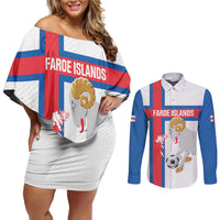 Custom Faroe Islands Football Couples Matching Off Shoulder Short Dress and Long Sleeve Button Shirt Coat Of Arms Flag Style