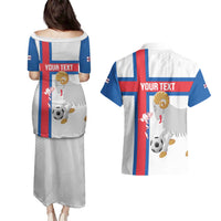 Custom Faroe Islands Football Couples Matching Puletasi and Hawaiian Shirt Coat Of Arms Flag Style