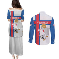 Custom Faroe Islands Football Couples Matching Puletasi and Long Sleeve Button Shirt Coat Of Arms Flag Style