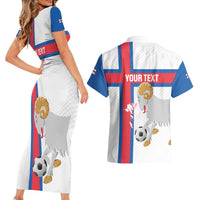 Custom Faroe Islands Football Couples Matching Short Sleeve Bodycon Dress and Hawaiian Shirt Coat Of Arms Flag Style