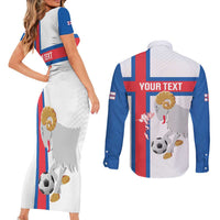 Custom Faroe Islands Football Couples Matching Short Sleeve Bodycon Dress and Long Sleeve Button Shirt Coat Of Arms Flag Style