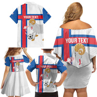 Custom Faroe Islands Football Family Matching Off Shoulder Short Dress and Hawaiian Shirt Coat Of Arms Flag Style