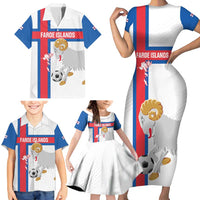 Custom Faroe Islands Football Family Matching Short Sleeve Bodycon Dress and Hawaiian Shirt Coat Of Arms Flag Style