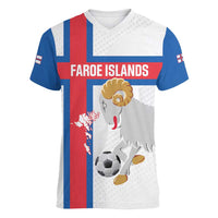 Custom Faroe Islands Football Women V-Neck T-Shirt Coat Of Arms Flag Style