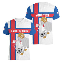 Custom Faroe Islands Football Women V-Neck T-Shirt Coat Of Arms Flag Style