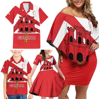 Custom Gibraltar Football Family Matching Off Shoulder Short Dress and Hawaiian Shirt Castle And Key Sporty Style