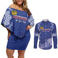 Custom Liechtenstein Football Couples Matching Off Shoulder Short Dress and Long Sleeve Button Shirt Go Blue-Reds Gutenberg Castle