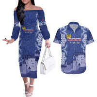 Custom Liechtenstein Football Couples Matching Off The Shoulder Long Sleeve Dress and Hawaiian Shirt Go Blue-Reds Gutenberg Castle