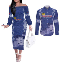 Custom Liechtenstein Football Couples Matching Off The Shoulder Long Sleeve Dress and Long Sleeve Button Shirt Go Blue-Reds Gutenberg Castle