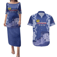 Custom Liechtenstein Football Couples Matching Puletasi and Hawaiian Shirt Go Blue-Reds Gutenberg Castle