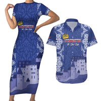 Custom Liechtenstein Football Couples Matching Short Sleeve Bodycon Dress and Hawaiian Shirt Go Blue-Reds Gutenberg Castle