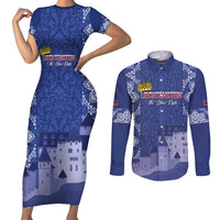 Custom Liechtenstein Football Couples Matching Short Sleeve Bodycon Dress and Long Sleeve Button Shirt Go Blue-Reds Gutenberg Castle