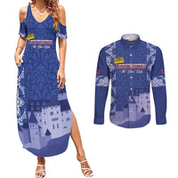 Custom Liechtenstein Football Couples Matching Summer Maxi Dress and Long Sleeve Button Shirt Go Blue-Reds Gutenberg Castle