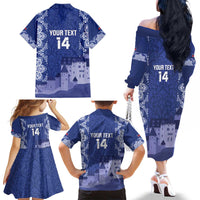 Custom Liechtenstein Football Family Matching Off The Shoulder Long Sleeve Dress and Hawaiian Shirt Go Blue-Reds Gutenberg Castle