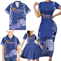 Custom Liechtenstein Football Family Matching Short Sleeve Bodycon Dress and Hawaiian Shirt Go Blue-Reds Gutenberg Castle