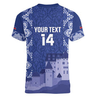 Custom Liechtenstein Football Women V-Neck T-Shirt Go Blue-Reds Gutenberg Castle