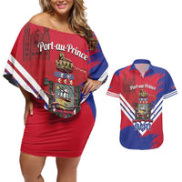 Port-au-Prince Haiti Couples Matching Off Shoulder Short Dress and Hawaiian Shirt Potoprens Coat of arms Grunge Vibes