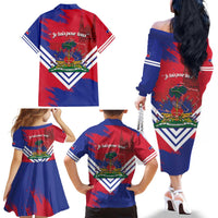 Port-au-Prince Haiti Family Matching Off The Shoulder Long Sleeve Dress and Hawaiian Shirt Potoprens Coat of arms Grunge Vibes