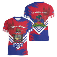 Port-au-Prince Haiti Women V-Neck T-Shirt Potoprens Coat of arms Grunge Vibes