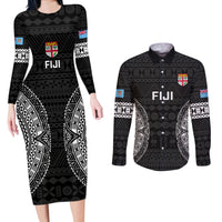Fiji Rugby Couples Matching Long Sleeve Bodycon Dress and Long Sleeve Button Shirts 2023 Fijian Tapa Pattern World Cup Black - Wonder Print Shop
