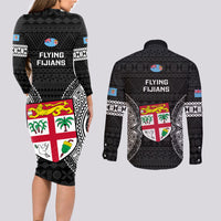 Fiji Rugby Couples Matching Long Sleeve Bodycon Dress and Long Sleeve Button Shirts 2023 Fijian Tapa Pattern World Cup Black - Wonder Print Shop