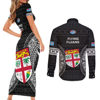 Fiji Rugby Couples Matching Short Sleeve Bodycon Dress and Long Sleeve Button Shirts 2023 Fijian Tapa Pattern World Cup Black - Wonder Print Shop