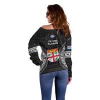 Fiji Rugby Off Shoulder Sweater 2023 Fijian Tapa Pattern World Cup Black - Wonder Print Shop