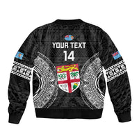Custom Fiji Rugby Sleeve Zip Bomber Jacket 2023 Fijian Tapa Pattern World Cup Black - Wonder Print Shop