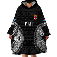 Custom Fiji Rugby Wearable Blanket Hoodie 2023 Fijian Tapa Pattern World Cup Black - Wonder Print Shop