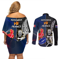 New Zealand And France Rugby Couples Matching Off Shoulder Short Dress and Long Sleeve Button Shirts All Black With Les Bleus Together 2023 World Cup - Wonder Print Shop