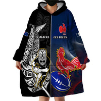 New Zealand And France Rugby Wearable Blanket Hoodie All Black With Les Bleus Together 2023 World Cup - Wonder Print Shop