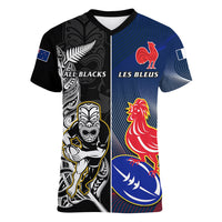 New Zealand And France Rugby Women V Neck T Shirt All Black With Les Bleus Together 2023 World Cup - Wonder Print Shop