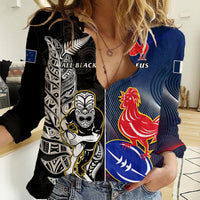 Custom New Zealand And France Rugby Women Casual Shirt All Black With Les Bleus Together 2023 World Cup - Wonder Print Shop