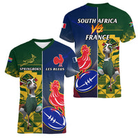 South Africa And France Rugby Women V Neck T Shirt Springboks With Les Bleus Together 2023 World Cup - Wonder Print Shop