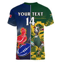 Custom South Africa And France Rugby Women V Neck T Shirt Springboks With Les Bleus Together 2023 World Cup - Wonder Print Shop