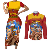 Spain Football Couples Matching Short Sleeve Bodycon Dress and Long Sleeve Button Shirts 2023 World Cup Champions Proud Of Our Girls - Wonder Print Shop