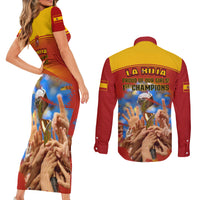 Spain Football Couples Matching Short Sleeve Bodycon Dress and Long Sleeve Button Shirts 2023 World Cup Champions Proud Of Our Girls - Wonder Print Shop