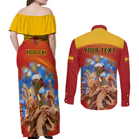 Custom Spain Football Couples Matching Off Shoulder Maxi Dress and Long Sleeve Button Shirts 2023 World Cup Champions Proud Of Our Girls - Wonder Print Shop