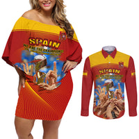 Custom Spain Football Couples Matching Off Shoulder Short Dress and Long Sleeve Button Shirts 2023 World Cup Champions Proud Of Our Girls - Wonder Print Shop