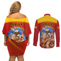 Custom Spain Football Couples Matching Off Shoulder Short Dress and Long Sleeve Button Shirts 2023 World Cup Champions Proud Of Our Girls - Wonder Print Shop